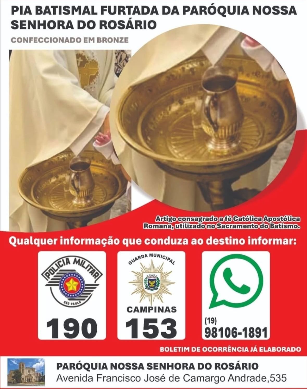 Pia Batismal da Paróquia Nossa Senhora do Rosário foi furtada entre o Natal e o Ano Novo